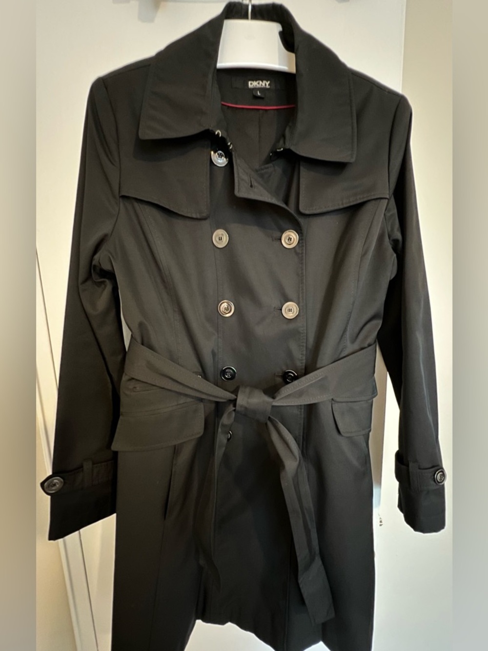 DKNY Donna Karan New York Black Trench Coat - Size L - Double Breasted Belted